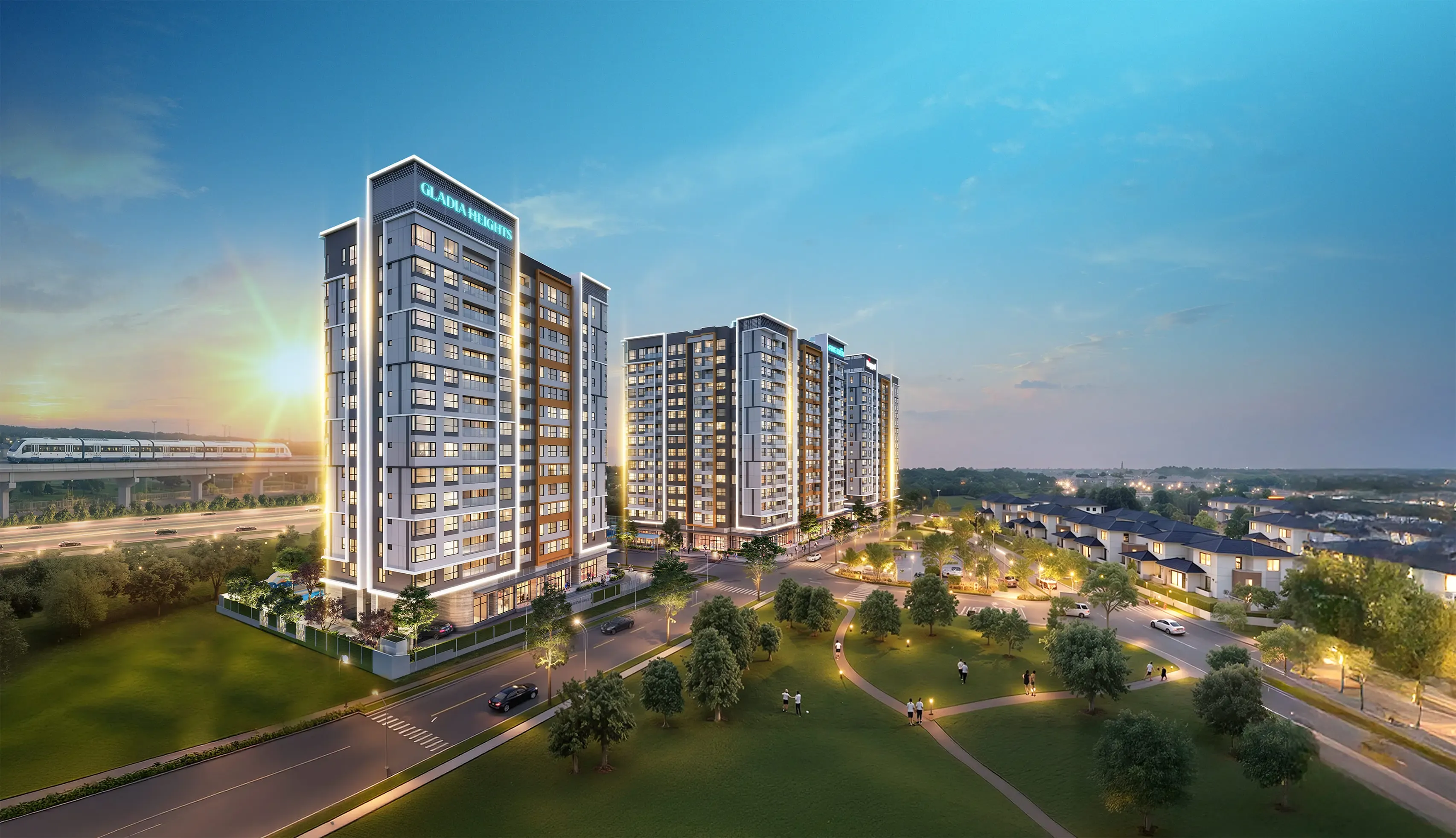 Phối cảnh tổng thể Gladia Heights bên cảnh quan xanh và mặt nước