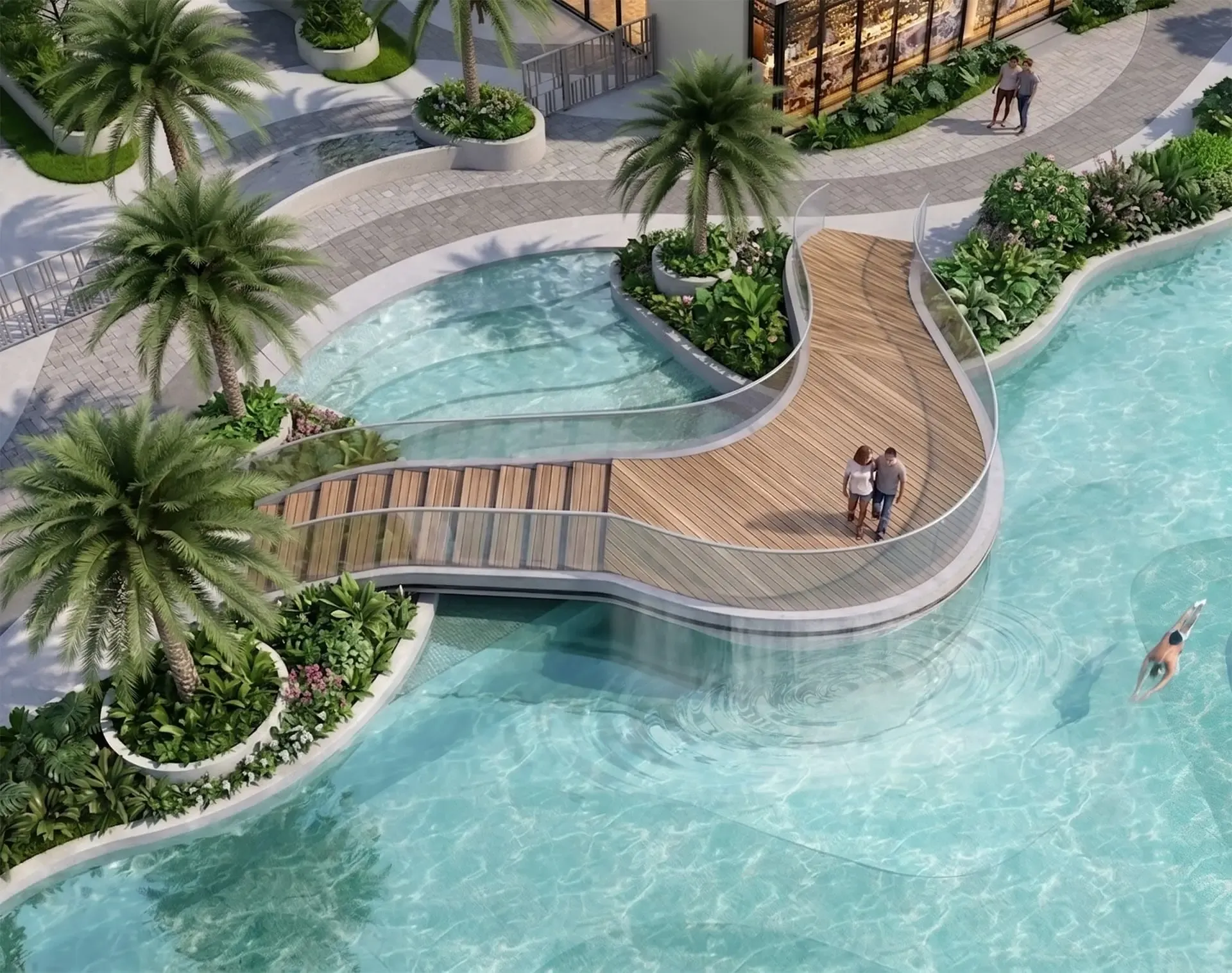 Cầu bộ hành hiệu ứng phun sương và cảnh quan tiện ích Gladia Heights